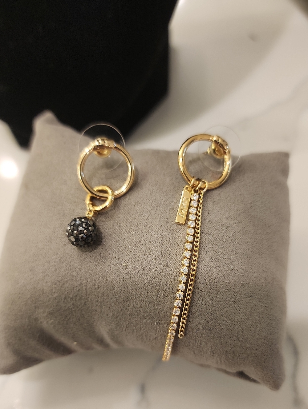 Gold Asymmetric Hoop Earrings with Black Pave Ball and Crystal Chain